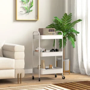 Τρόλεϊ κουζίνας HOMCOM 3 επιπέδων με χερούλια και 4 ρόδες, ατσάλι, 45x30,6x79 cm, λευκό 850-292V00WT - Image 5