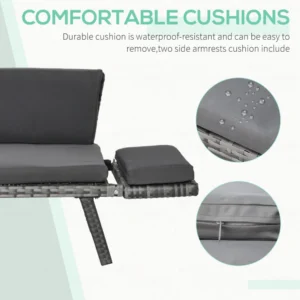 Outsunny 2θέσιος καναπές κήπου σε Rattan με επένδυση και πτυσσόμενα μπράτσα, 129x63x67cm, Γκρι 860-049GY - Image 3