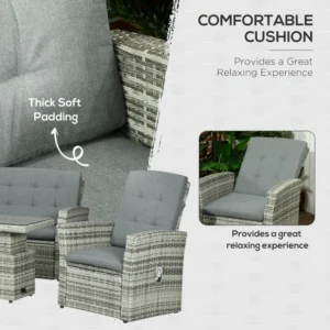 Outsunny 4τμχ Γκρι Rattan Σετ Κήπου με Τραπέζι ρυθμιζόμενου ύψους, 2 Ανακλινόμενες Πολυθρόνες και 2 Θέσιο Καναπέ 860-276V00LR - Image 5