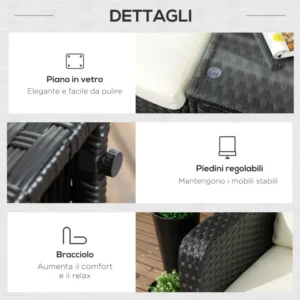 Σετ σαλονιού Outsunny Garden με 2 πολυθρόνες και 2 υποπόδια PE Rattan, Γυάλινο Τραπεζάκι σαλονιού, Μαύρο 860-277V00BK - Image 5