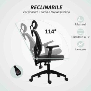 Vinsetto Εργονομική και Ρυθμιζόμενη Καρέκλα Γραφείου με Οσφυϊκή Υποστήριξη και Προσκέφαλο, 66x61x106-116 cm, Γκρι 921-404V01CG - Image 5