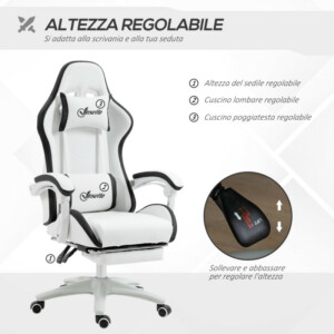Vinsetto Ρυθμιζόμενη Καρέκλα Gaming με Ανακλινόμενο Πίσω, 65x65x121-129 cm, Λευκό και Μαύρο 921-618V01WT - Image 3