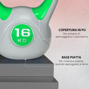 SPORTNOW Kettlebell 16kg σε PU και Sand με επίπεδη βάση και λαβή για Deadlifts, Squats και Lifts, 26x18x32 cm, Πράσινο A91-255V07GN - Image 4