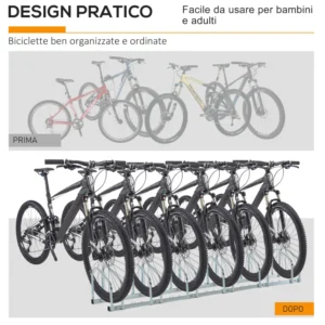 HOMCOM Σχάρα Ποδηλάτων για 6 Ποδήλατα σε Ατσάλι, 179x33x27 cm, Ασημί AA0-026V01SR - Image 5