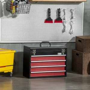 DURHAND Ατσάλινο κουτί εργαλείων με 4 συρτάρια και επάνω δίσκο, 51x22x39,5 cm, κόκκινο και μαύρο B20-084V02BK - Image 4