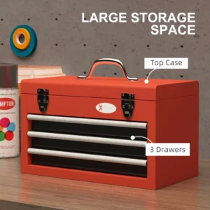 DURHAND Εργαλειοθήκη με 3 συρτάρια και επάνω θήκη από ατσάλι με λαβή, 45x24x27cm, κόκκινο B20-096V00RD - Image 3