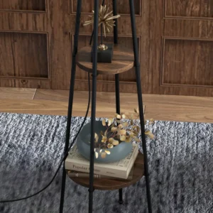 HOMCOM Φωτιστικό δαπέδου με 2 ράφια σε μεταλλικό και MDF με υφασμάτινο αμπαζούρ, Ø42x166 cm, Μαύρο και Καφέ B31-468V90BK - Image 7