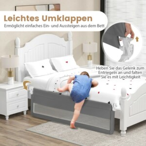 Costway  Πτυσσόμενο Κάγκελο Κρεβατιού 180 cm με Ζώνες Ασφαλείας Αναδιπλούμενο Γκρι BS10045GR - Image 3