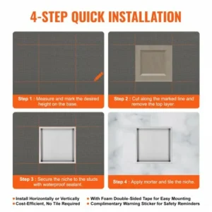 VEVOR Ανοξείδωτη Εσοχή Ντουζιέρας 33x33 εκ. με Διπλά Ράφια για Μπάνιο, Ασημί  BXGLYBK1C13YZKIQ0V0 - Image 4