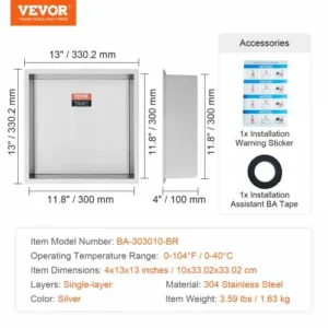 VEVOR Ανοξείδωτη Εσοχή Ντουζιέρας 33x33 εκ. με Διπλά Ράφια για Μπάνιο, Ασημί  BXGLYBK1C13YZKIQ0V0 - Image 6