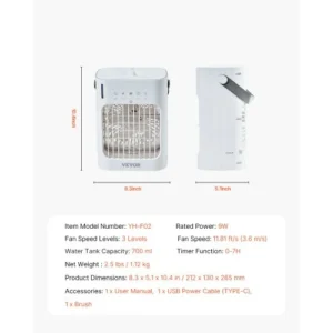 VEVOR Φορητό Κλιματιστικό 4-σε-1 Εξατμιστικό Ψυγείο Αέρα με Δοχείο Νερού 700ml BXZFLQQBXSBKCVLT6V9 - Image 6