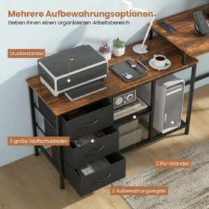 Costway Γραφείο Υπολογιστή σε Σχήμα L με Πρίζα & 3 Υφασμάτινα Συρτάρια & Μεταλλικά Ράφια Καφέ CB10583DE-CF - Image 3