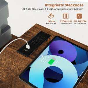 Costway Γραφείο Υπολογιστή σε Σχήμα L με Πρίζα & 3 Υφασμάτινα Συρτάρια & Μεταλλικά Ράφια Καφέ CB10583DE-CF - Image 4