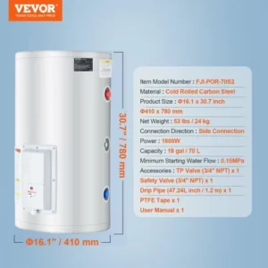 VEVOR Ηλεκτρικός Θερμοσίφωνας 18 Γαλόνια 1.6Kw LED για Ντους CSSRSQ70LXNL6OAABV2 - Image 6