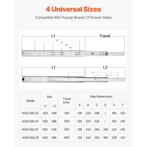 VEVOR Συρόμενοι Οδηγοί Ντουλαπιού Πλευρικής Τοποθέτησης 18 ιντσών 10 Ζεύγη 100 Λίβρες Αντικατάσταση CZCJCTDG100LPFFRWV0 - Image 2