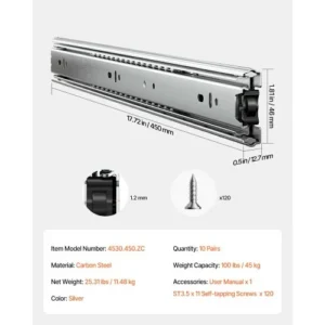 VEVOR Συρόμενοι Οδηγοί Ντουλαπιού Πλευρικής Τοποθέτησης 18 ιντσών 10 Ζεύγη 100 Λίβρες Αντικατάσταση CZCJCTDG100LPFFRWV0 - Image 6