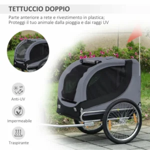 PawHut Bike Trailer για σκύλους μεσαίου μεγέθους με πλαϊνά παράθυρα και σημαία, 130x73x90 cm, γκρι και μαύρο D00-050 - Image 3