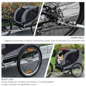 PawHut Bike Trailer για σκύλους μεσαίου μεγέθους με πλαϊνά παράθυρα και σημαία, 130x73x90 cm, γκρι και μαύρο D00-050 - Image 4