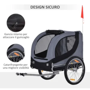 PawHut Bike Trailer για σκύλους μεσαίου μεγέθους με πλαϊνά παράθυρα και σημαία, 130x73x90 cm, γκρι και μαύρο D00-050 - Image 5