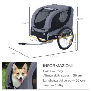 PawHut Bike Trailer για σκύλους μεσαίου μεγέθους με πλαϊνά παράθυρα και σημαία, 130x73x90 cm, γκρι και μαύρο D00-050 - Image 6
