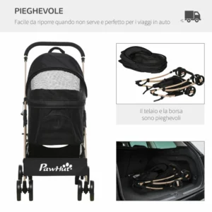 PawHut Πτυσσόμενο καρότσι σκύλου με αποσπώμενη θήκη και κουβούκλιο, 82x49,5x98cm, Μαύρο D00-166V00BK - Image 4