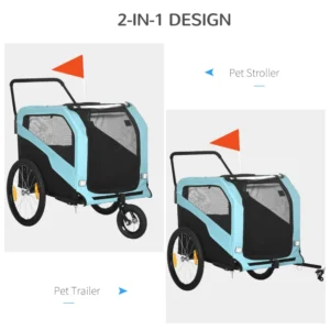 PawHut Bike Trailer για σκύλους 30kg max με 2 εισόδους και τσέπες αποθήκευσης, σε ατσάλι και ύφασμα Oxford, μπλε D00-168V00LB - Image 4
