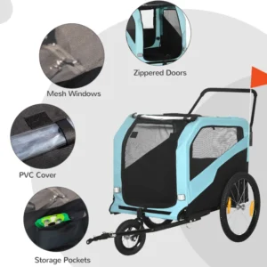 PawHut Bike Trailer για σκύλους 30kg max με 2 εισόδους και τσέπες αποθήκευσης, σε ατσάλι και ύφασμα Oxford, μπλε D00-168V00LB - Image 6