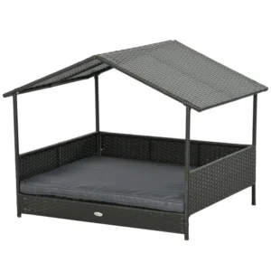 PawHut Raised Dog House με αφαιρούμενο μαξιλάρι, σε PE Rattan and Steel, 117x85x89 cm, Γκρι και Καφέ D02-184V00DR - Image 8