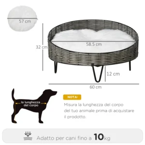 PawHut Raised Bed for Dogs and Cats in Rattan PE Small Dog bed with Dark Grey Cushion D04-189 - Image 2