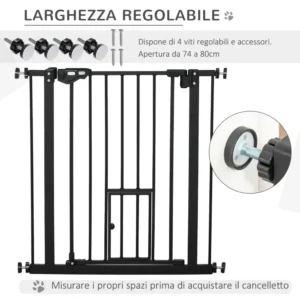 PawHut Dog Gate με Push Fit, Επεκτάσιμη από 74-80cm με Αυτόματο Κλείσιμο, Μαύρο D06-122BK - Image 4
