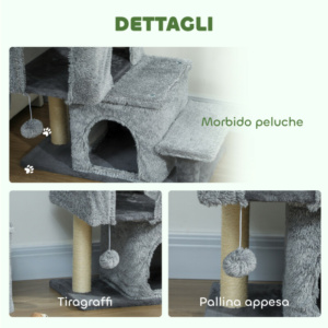 PawHut Ρυθμιζόμενη Σκάλα για Γάτες με 4 Σκαλοπάτια, 2 Σπιτάκια, Ονύχιο και Μπαλίτσα, Γκρι D06-269V00GY - Image 5