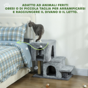 PawHut Ρυθμιζόμενη Σκάλα για Γάτες με 4 Σκαλοπάτια, 2 Σπιτάκια, Ονύχιο και Μπαλίτσα, Γκρι D06-269V00GY - Image 6