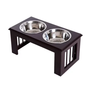 Σετ Ανοξείδωτα Μπολ Γεύματος με Ξύλινη Βάση για Κατοικίδια Χρώματος Σκούρο Καφέ PawHut D08-015CF - Image 3