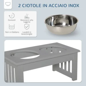 PawHut Μπολ για Μικρά Σκύλους, MDF -Ανοξείδωτα Μπολ, Γκρι D08-016V00GY - Image 4