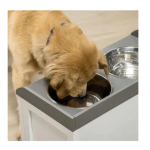 Σετ 2 Ανοξείδωτα Μπολ Γεύματος με Ξύλινο Συρτάρι για Κατοικίδια 60 x 30 x 36 cm PawHut D08-041V00WT - Image 2