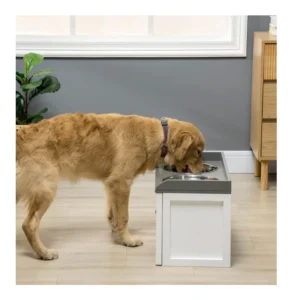 Σετ 2 Ανοξείδωτα Μπολ Γεύματος με Ξύλινο Συρτάρι για Κατοικίδια 60 x 30 x 36 cm PawHut D08-041V00WT - Image 3