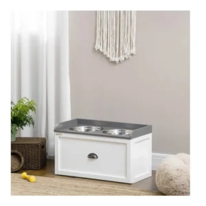 Σετ 2 Ανοξείδωτα Μπολ Γεύματος με Ξύλινο Συρτάρι για Κατοικίδια 60 x 30 x 36 cm PawHut D08-041V00WT - Image 4