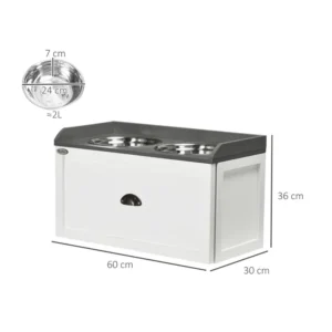 Σετ 2 Ανοξείδωτα Μπολ Γεύματος με Ξύλινο Συρτάρι για Κατοικίδια 60 x 30 x 36 cm PawHut D08-041V00WT - Image 6