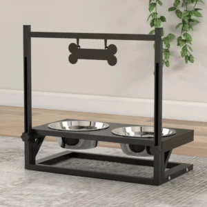 PawHut Raised Dog Bowl Hold με Ρυθμιζόμενο Ύψος, 2 Ατσάλινα μπολ 900ml, Μαύρο D08-057V00BK - Image 6