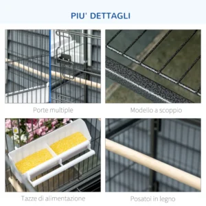 PawHut Indoor Ξύλινο Κλουβί πουλιών με Δίσκο, 4 Ρόδες και Πέρκα, 78x52x132cm D10-075CG - Image 5