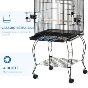 PawHut Indoor Steel and Wood Bird Cage με δίσκο, 4 ρόδες και πέρκα, 50x49x137cm D10-076BK - Image 3