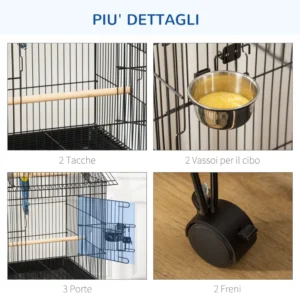 PawHut Indoor Steel and Wood Bird Cage με δίσκο, 4 ρόδες και πέρκα, 50x49x137cm D10-076BK - Image 5