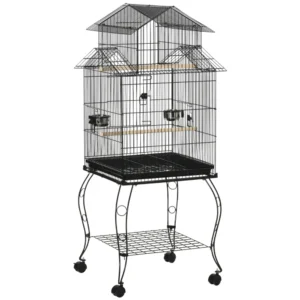 PawHut Indoor Steel and Wood Bird Cage με δίσκο, 4 ρόδες και πέρκα, 50x49x137cm D10-076BK - Image 8