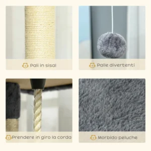 PawHut Tall Cat Scratching Tree with Houses and Hammocks, 60x60x200cm, Ανοιχτό Γκρι D30-023V01 - Image 3