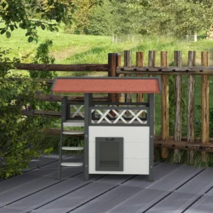 PawHut Outdoor Cat House με Βεράντα και Ξύλινη Σκάλα, 77x50x73cm, Λευκό και Γκρι D30-076V02WT - Image 6