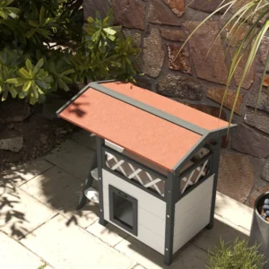 PawHut Outdoor Cat House με Βεράντα και Ξύλινη Σκάλα, 77x50x73cm, Λευκό και Γκρι D30-076V02WT - Image 7