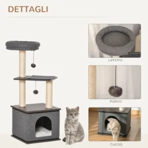 PawHut Cat Scratching Post Tree with House, Bed and Sisal Posts, 40x40x104cm, Γκρι D30-443 - Image 4