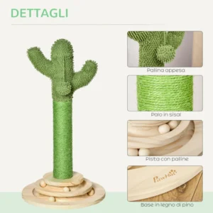 PawHut Cactus Scratching Post για γάτες, σχοινί σιζάλ και βάση με ξύλινες μπάλες, 32x32x60cm D30-453 - Image 3