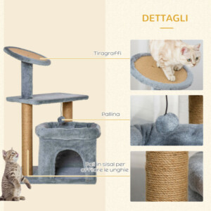 PawHut Cat Scratching Post Tree με κοντάρια από σχοινί γιούτας, σπιτάκι και μαξιλάρι για γάτα, βελούδινο κάλυμμα, ύψος 84 cm - γκρι D30-476 - Image 4