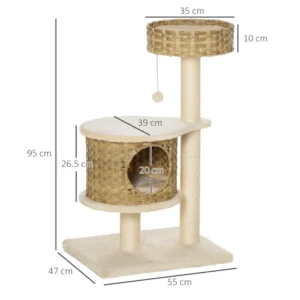 PawHut Scratching Post Tree για ενήλικες γάτες και γατάκια από ρείθρο 95 cm και σπίτι για γάτες σε Rattan και Πολωνούς στο Sisal D30-484 - Image 2